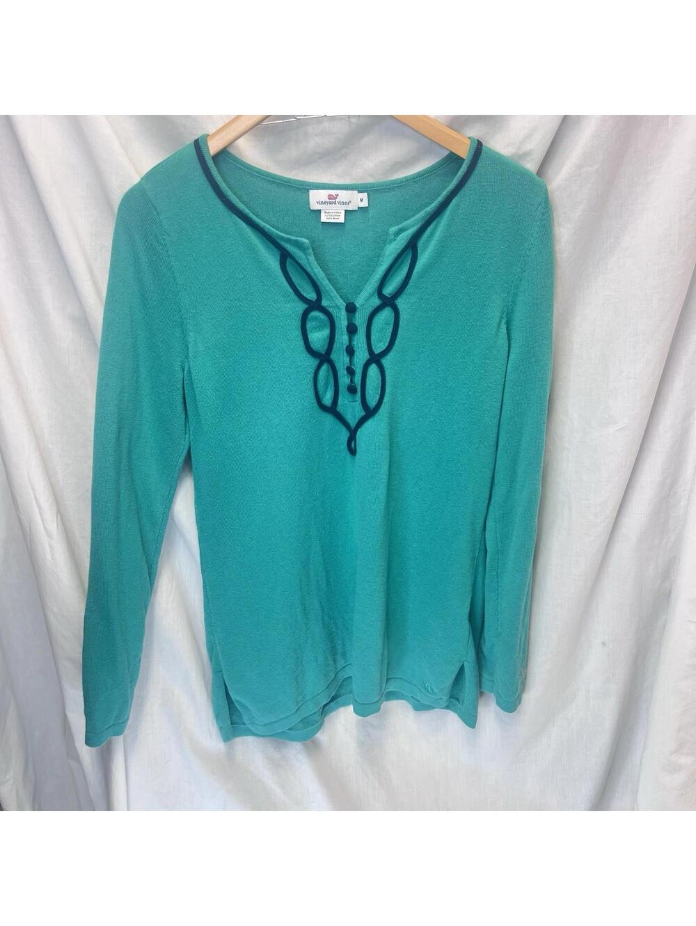 Vineyard Vines Womens Sweater Trellis Tunic Wool Blend Kely Green Navy Blue M